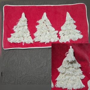 White Christmas Tree Throw Pillow Cover with Tassel Trees, red with white piping